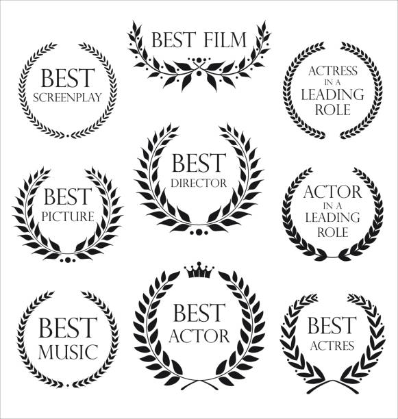 Collection of black label with laurel wreath film award retro template design Collection of black label with laurel wreath film award retro template design film festival photos stock illustrations
