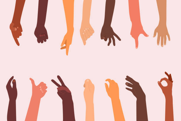 Human hands different ethnicities and various gestures set.One, two or three fingers,OK,fist or palm.Template for your text in the middle.Sign language and movement. Vector in flat style. Multiethnic human fingers signs.Hands collection. signature collection stock illustrations