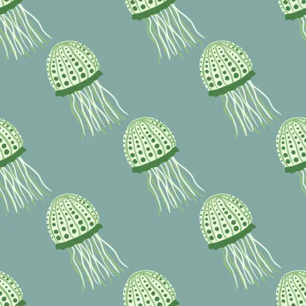 Vector illustration of Jellyfish doodle silhouettes seamless pattern. Stylized aqua marine print with green exotic animal ornament and pale pastel blue background.