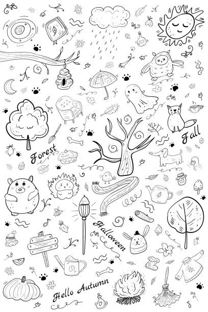 Vector illustration of Hand drawn Sketchy Autumn theme. Cartoon Vector Halloween decor. Coloring Illustration with holiday elements