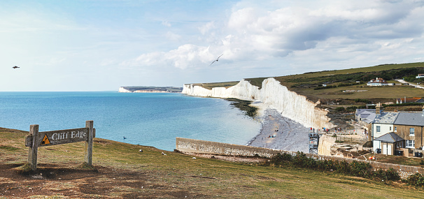 Iconic White Cliffs by the English Channel in summer, Seven Sisters white chalk cliffs, Birling Gap, East Sussex, UK