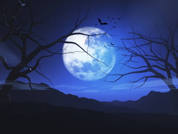 istock 3D spooky Halloween landscape with dead trees against a moonlit sky 1277536573