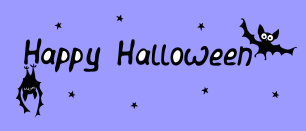 istock Happy Halloween-lettering with bats, stars. Set of Isolated flat design elements, black silhouette. Festive title for greeting card, invitation, party, poster, banner 1277536747