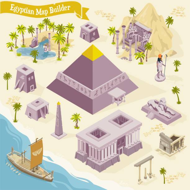 ägyptischer kartenbauer isometrischer satz mit antiken architektur- und kulturelementen - seth stock-grafiken, -clipart, -cartoons und -symbole