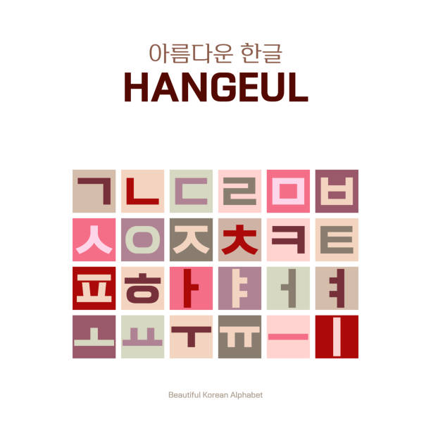 koreanisches alphabet 'hangeul' in verschiedenen farben gesetzt. isoliert auf weißem hintergrund. vektorbild. - koreanisches schriftzeichen stock-grafiken, -clipart, -cartoons und -symbole