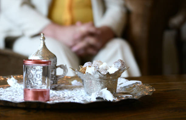 Turkish coffee with delight and traditional copper serving set