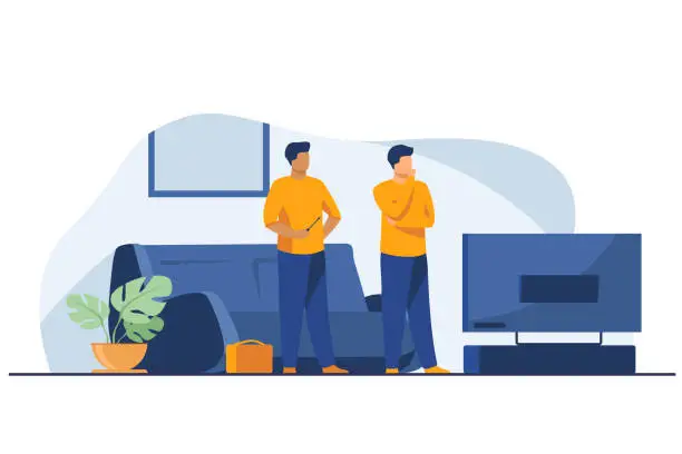 Vector illustration of Two handymen repairing television