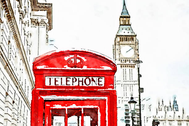 ilustrações de stock, clip art, desenhos animados e ícones de watercolor illustration of red telephone booth and big ben in london, england, the uk. - telephone booth telephone pay phone telecommunications equipment