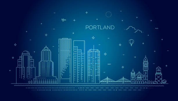 illustrazioni stock, clip art, cartoni animati e icone di tendenza di oregon, illustrazione vettoriale skyline linea portland - portland oregon skyline cityscape silhouette