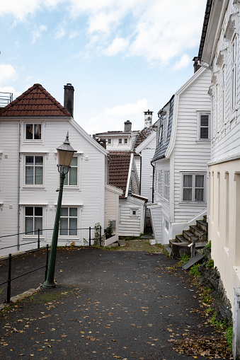 Picturesque white houses in old town Bergen, Norway.