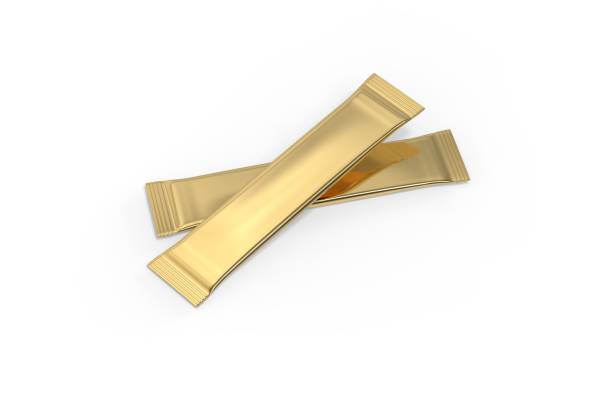 istock Golden packaging sachet stick for coffee, salt, sugar, tea, pepper or spices, mock up template on isolated white background, 3d illustration 1277543856