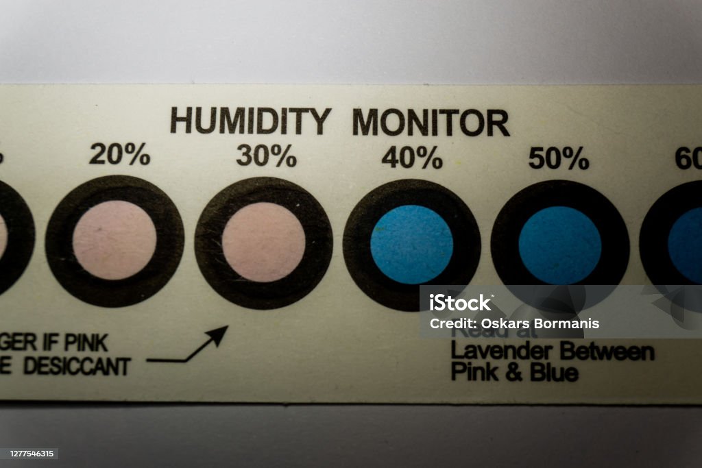 Close-up of HIC from electronics manufacturing industry with blue indicator dots, indicating moisture with pink color Close-up of humidity indicator cards from electronics manufacturing industry with blue indicator dots, indicating moisture with pink color Backgrounds Stock Photo