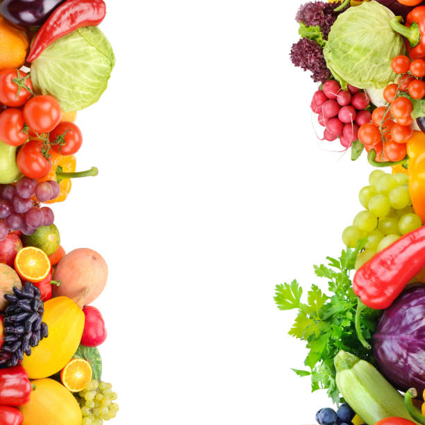 istock Frame of set vegetables and fruits on white background. 1277549058