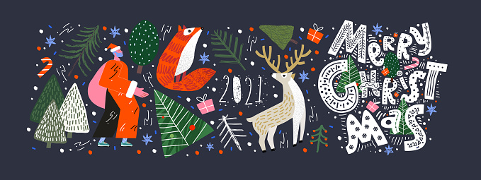 Merry Christmas and Happy New Year! 2021! Vector trendy abstract illustrations and objects: forest, santa claus, fox, deer, lettering, christmas tree and pine. Drawings for poster and postcard