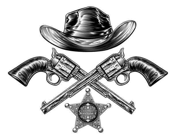 ilustrações de stock, clip art, desenhos animados e ícones de cowboy hat with sheriff star with crossed pistols - police badge badge police white background