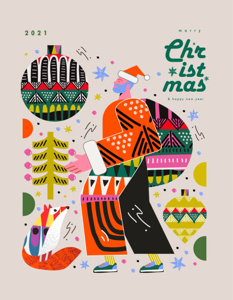 ilustraciones, imágenes clip art, dibujos animados e iconos de stock de ¡feliz navidad y feliz año nuevo! vector ilustraciones abstractas de moda para el diseño gráfico de vacaciones: santa claus, zorro, árbol de navidad, juguete árbol de navidad, adorno. objetos geométricos. - christmas humor fun art