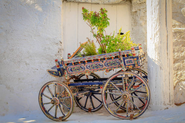 SANTORINI, GREECE - 2013 august. Old decorated horse cart.