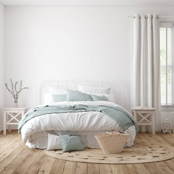 istock Light farmhouse bedroom interior with blank wall 1277552355