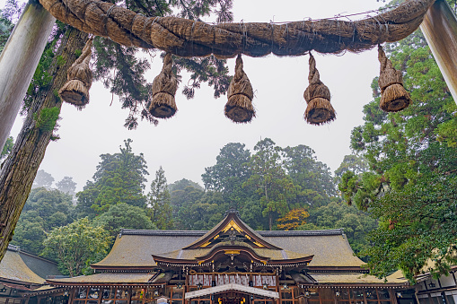 Sakurai, Nara, Japan - December 2, 2019 : Scenery of the Omiwa Jinja Shrine. Omiwa Shrine is one of the oldest extant Shinto shrines in Japan and the site has been sacred ground for some of the earliest religious practices in Japan.