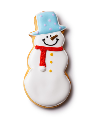 cookie of cute snowman with clipping path. Traditional Christmas food.