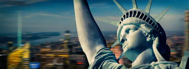 statue of liberty against Manhattan district background at night