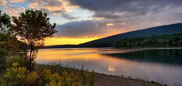 Lakeside Golden Sunset stock photo