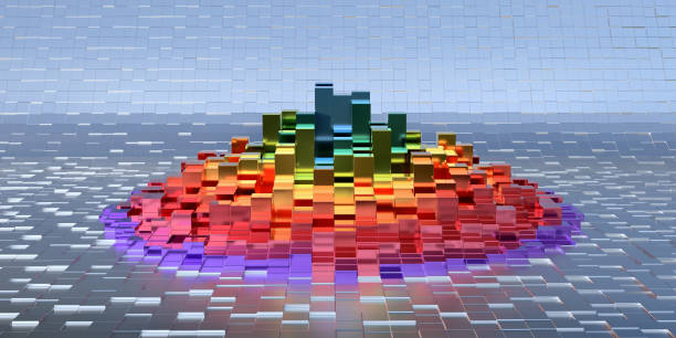 multi-coloured metallic prisms of differing heights arranged in concentric circles - spectrum concentric three dimensional shape light imagens e fotografias de stock