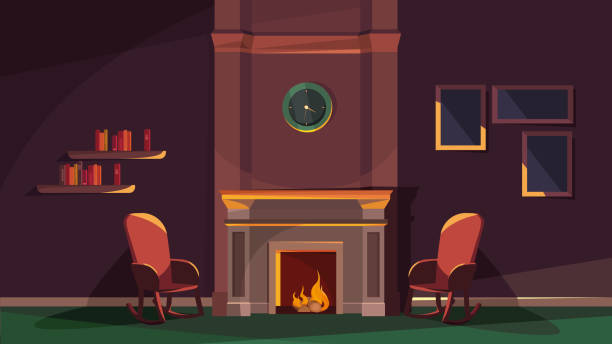 ilustrações de stock, clip art, desenhos animados e ícones de evening location with fireplace. - fire place