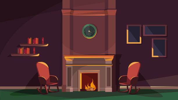Evening location with fireplace. Evening location with fireplace. Cozy interior in cartoon style. fireplace and armchair stock illustrations