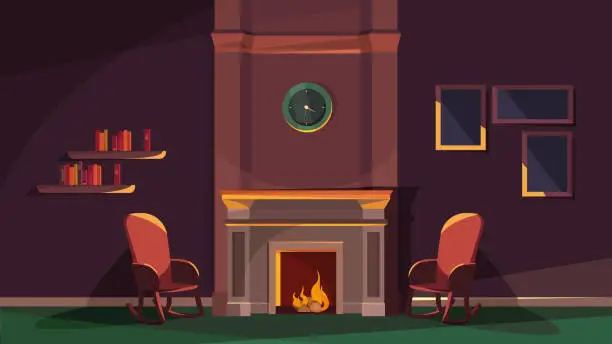 Vector illustration of Evening location with fireplace.