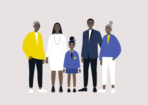 ilustrações, clipart, desenhos animados e ícones de três gerações familiares: idosos, adultos e crianças, personagens negros reunidos, grandes pais, pais e filhos - multi generation family isolated people silhouette