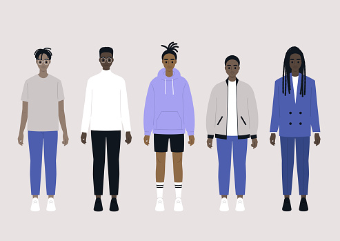 A set of young black male characters wearing different outfits: sport, casual and business