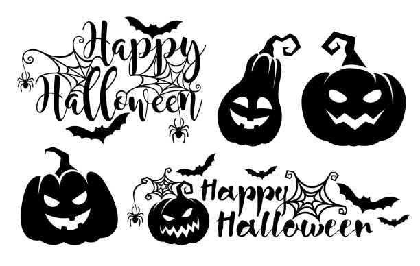 halloween-schriftzug poster und kürbisse - störer stock-grafiken, -clipart, -cartoons und -symbole