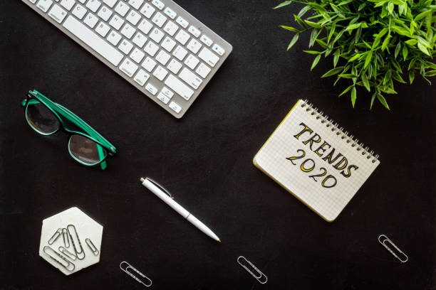 istock Social media marketing trends concept. Workplace top view 1277564104