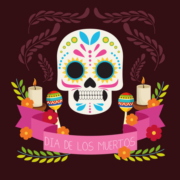 ilustrações, clipart, desenhos animados e ícones de cartaz de celebração dia de los muertos com cabeça de caveira e maracas - mexican flame leaf