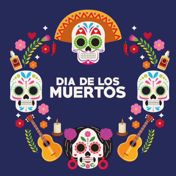 ilustrações de stock, clip art, desenhos animados e ícones de dia de los muertos celebration poster with skulls heads group and guitars around - mexican flame leaf
