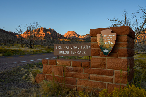 Zion National Park, United States: October 4, 2019: Kolob Terrace Sign in later afternoon light