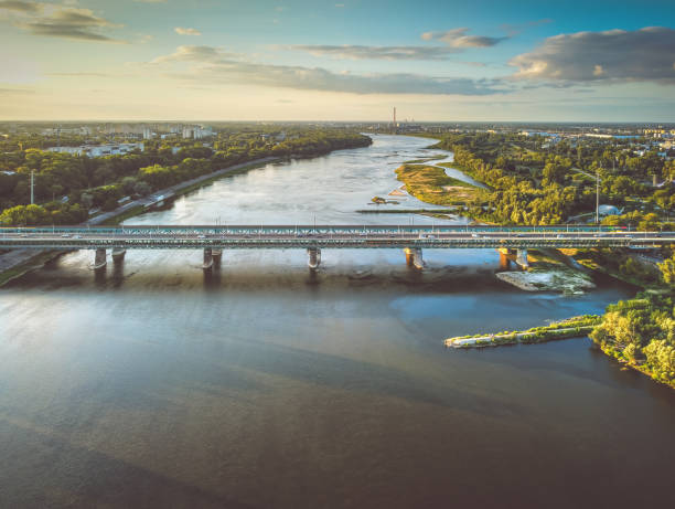 istock Large river that flow through big city. Drone, aerial view 1277568680