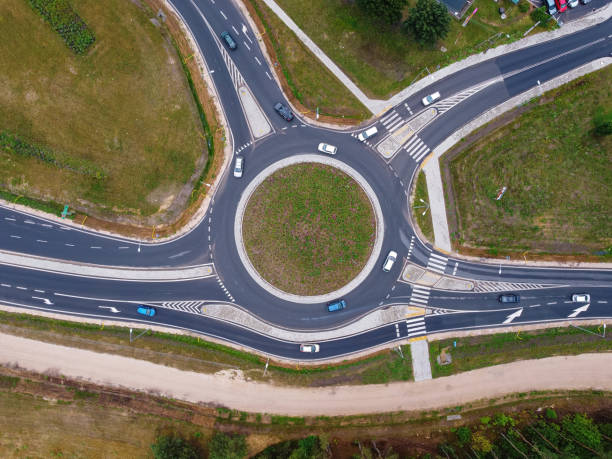 Road junction with roundabouts. Highway. Drone, aerial view. stock photo