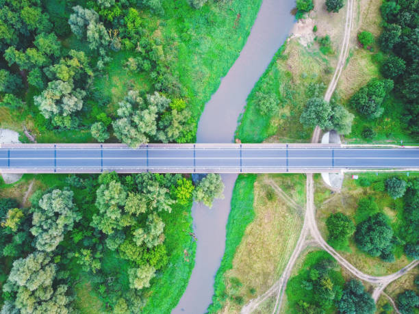 istock Top down view on the car bridge over small river in a countryside. Drone, aerial view 1277568792