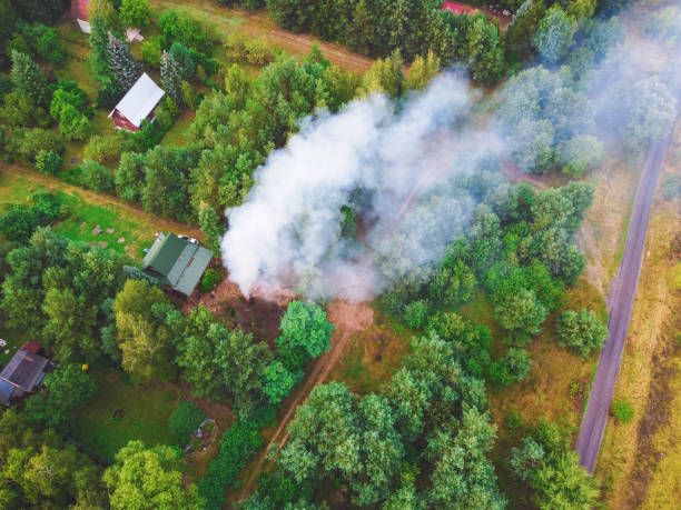 Smoke from the fire over cottages in the forest. Drone, aerial View. stock photo