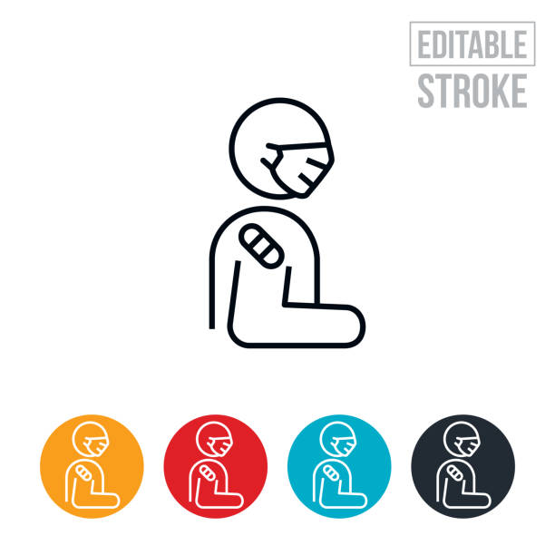 Immunized Patient Wearing Face Mask Thin Line Icon - Editable Stroke An icon of a patient with a bandage on his arm after being immunized. The patient is wearing a face mask. The icon includes editable strokes or outlines using the EPS vector file. bandage arm stock illustrations