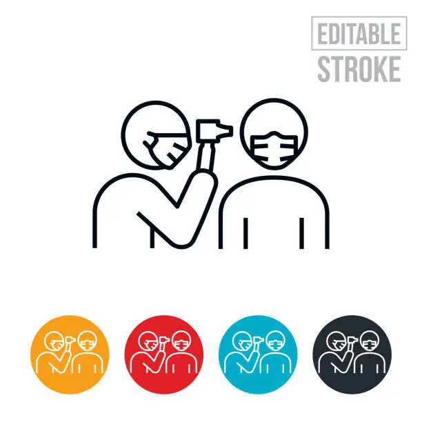 Vector illustration of Doctor Wearing Face Mask Giving Ear Exam Thin Line Icon - Editable Stroke