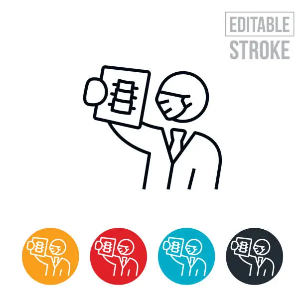 Vector illustration of Doctor Examining X-ray Wearing Face Mask Thin Line Icon - Editable Stroke