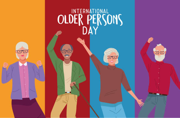 international older persons day lettering with group of grandparents celebrating international older persons day lettering with group of grandparents celebrating vector illustration design senior citizen day stock illustrations