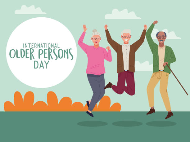 international older persons day lettering with old people jumping celebrating in the field international older persons day lettering with old people jumping celebrating in the field vector illustration design senior citizen day stock illustrations