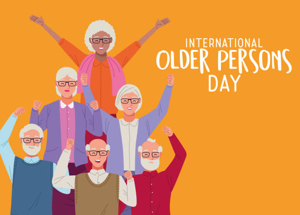 international older persons day lettering with group of people international older persons day lettering with group of people vector illustration design senior citizen day stock illustrations