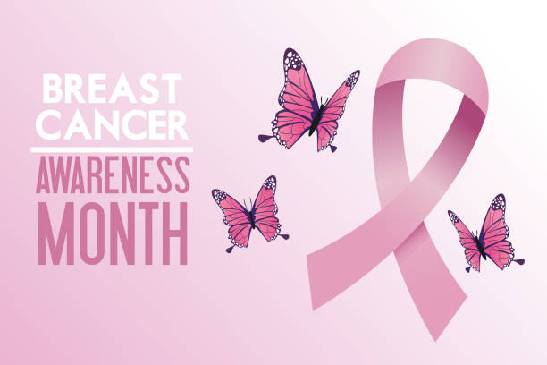 brustkrebs bewusstsein monat kampagne plakat mit schmetterlingen und band - chest fly stock-grafiken, -clipart, -cartoons und -symbole