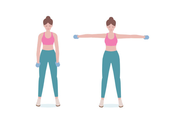 Exercises that can be done at-home using a sturdy chair. Woman doing exercises a dumbbell. woman in pink shirt and a blue Long legs. Step by step instruction for doing Side Lateral Raise Shoulder pose. Cartoon style. Fitness and health concepts. jumping jacks stock illustrations