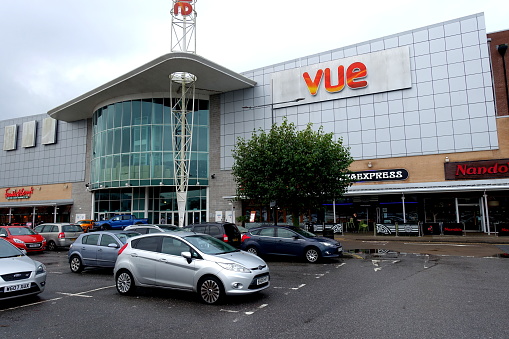 Plymouth England. . The Vue cinema. View of front facade with logo above entrance. national chain of cinemas in UK Canopy entrance